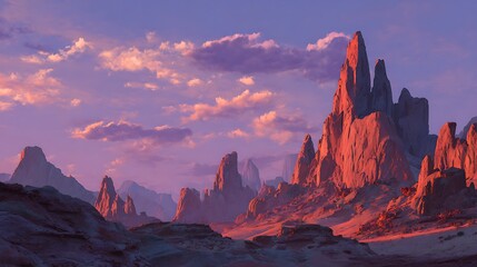 Obraz premium Desert Vista at Twilight: A breathtaking landscape of towering rock formations is dramatically silhouetted against a vibrant sky painted with the hues of twilight