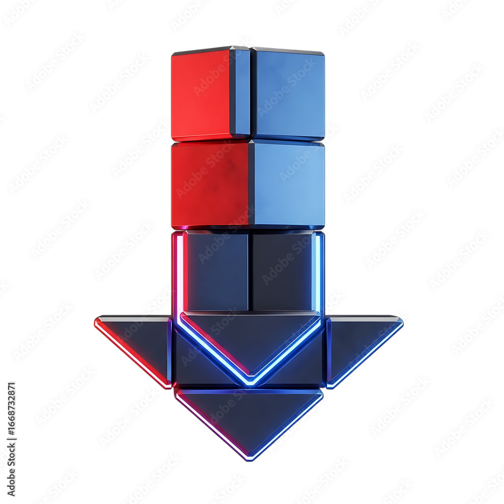 Poster futuristic 3d arrow symbol made of glowing cubes pointing downwards showing red and blue colors with