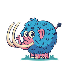 Cute blue cartoon mammoth vector illustration, playful animal mascot for kids design, marketing and web projects. 