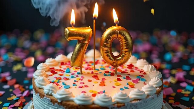 Delicious birthday cake with golden 70 candle burning on colorful sprinkles, festive background for milestone celebration.