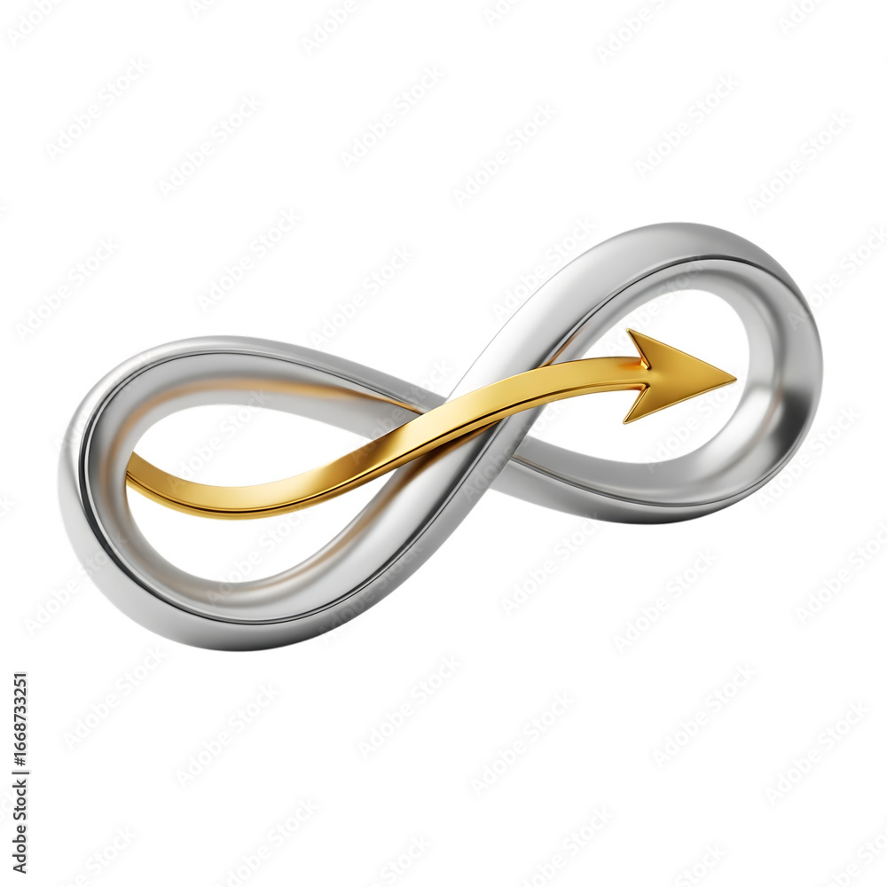 Poster golden arrow symbol fusing through silver infinity symbol representing endless progress and transfor