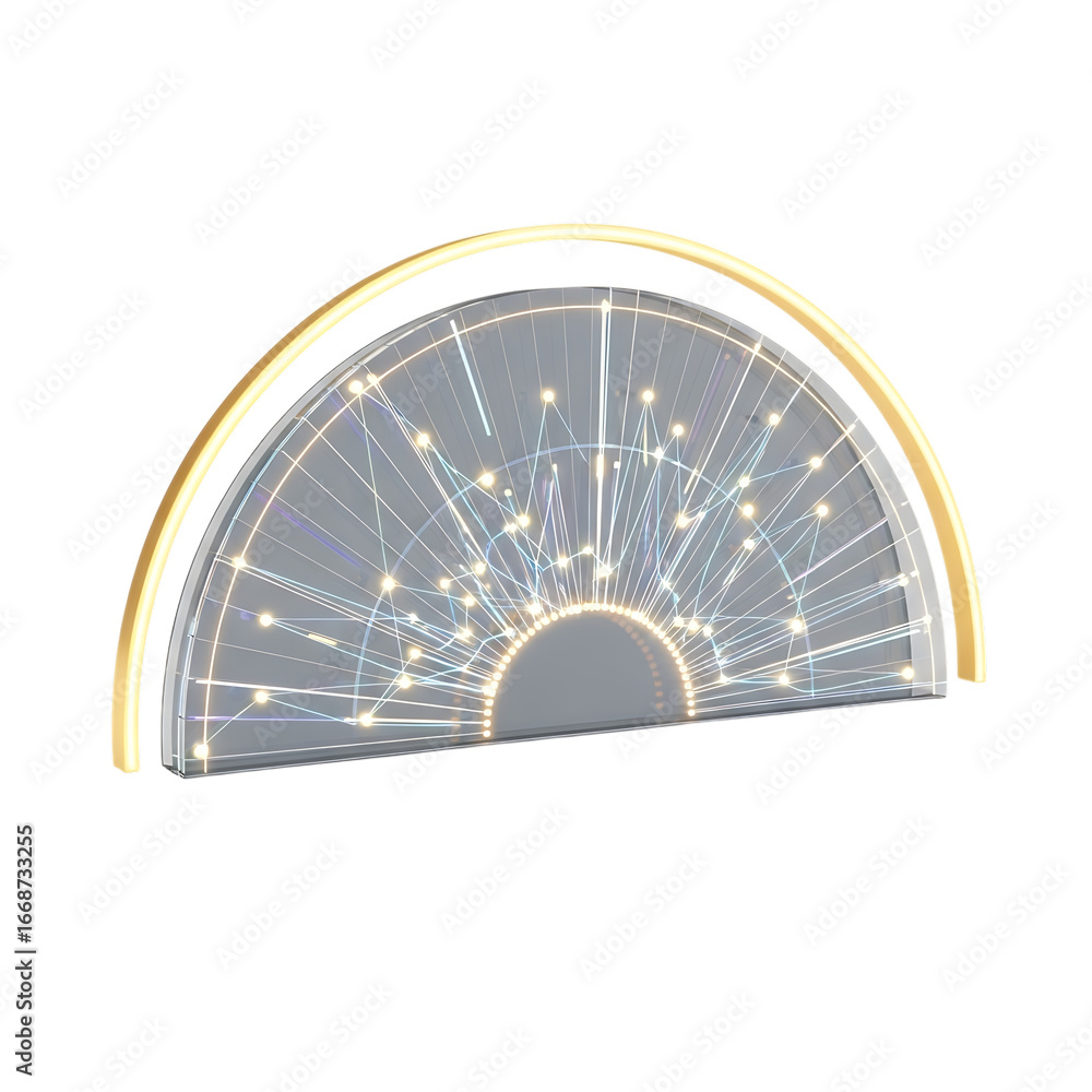 Poster radiant semicircle of glowing light with subtle inner structure and golden rim for futuristic or abs