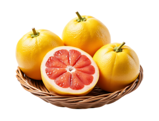  four ripe grapefruits, one cut in half, displayed in a wicker basket isolated on transparent background