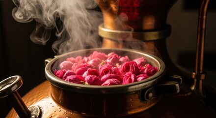 Copper still distillation of rose petals with aromatic steam, artisanal fragrance production, natural essential oil extraction in traditional perfumery workshop, botanical alchemy process
