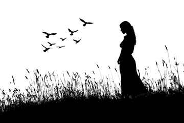 PNG Woman standing on hill nature birds silhouette.
