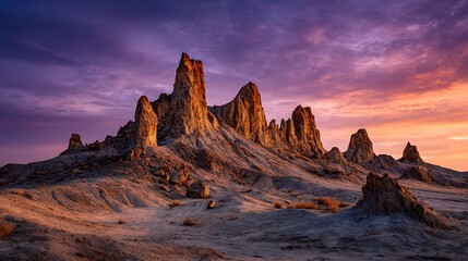 Fototapeta premium Sunset's Embrace: A breathtaking landscape of rugged rock formations under a vibrant sunset sky.