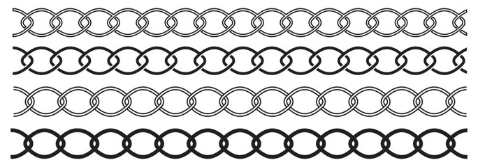 Set of black isolated silhouette of chains on white background. Seamless pattern of chain. Decorative border. EPS 10.