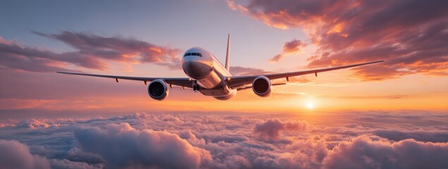 Airplane soaring through a sunset sky above clouds
