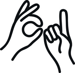 Minimalist line art icon of two hands communicating in sign language, perfect for accessibility use.