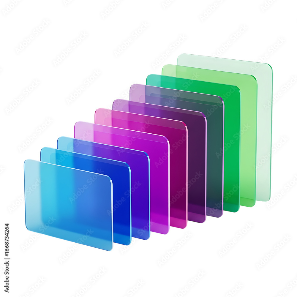 Poster gradient rainbow color swatches arranged in a staircase pattern reflecting light on a dark surface i