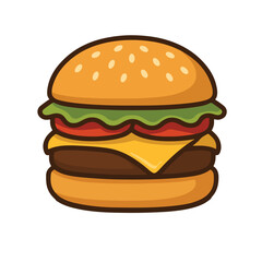 Cartoon style burger with cheese lettuce and tomato isolated on white background vector illustration
