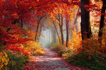 Fototapeta premium Serene Forest Path with Golden and Red Leaves in Autumn