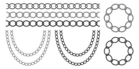 Set of black isolated silhouette of chains on white background. Seamless pattern of chain. Decorative border. EPS 10.