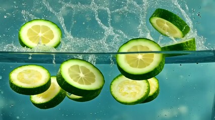 Fresh cucumber slices splashing in clear water background - Powered by Adobe
