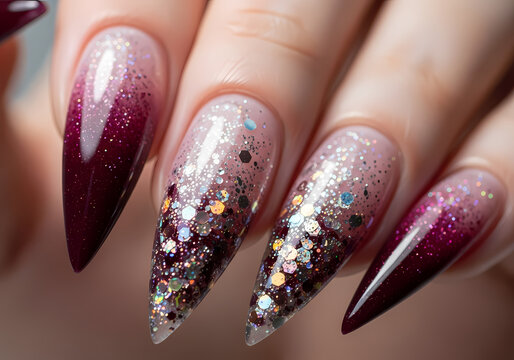Close-up of a woman's hand showcasing stiletto-shaped fingernails with a gradient of deep burgundy to clear, adorned with shimmering glitter and iridescent flakes.