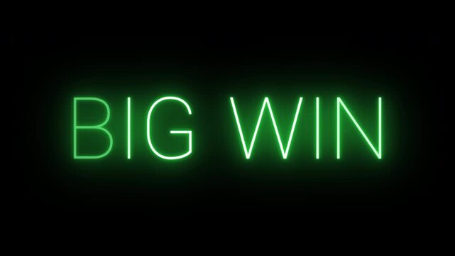 Flickering neon green big win sign animated on black background.


