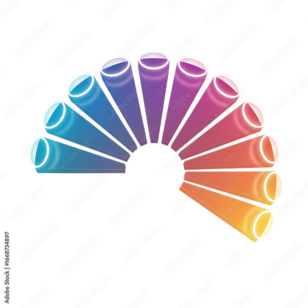 Poster colorful spectrum of glowing light beams radiating outward in a semicircle pattern isolated on trans