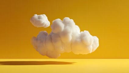 Fluffy white clouds float against a vibrant yellow backdrop, casting a soft shadow.  Minimalist 3D render