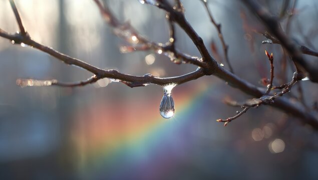 Dewdrop on branch, rainbow - Powered by Adobe