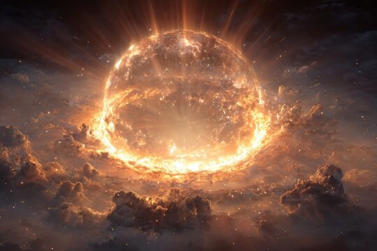 Celestial sphere bursting through clouds