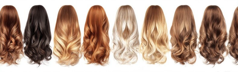 Fototapeta premium Variety of wavy hair colors against a white background