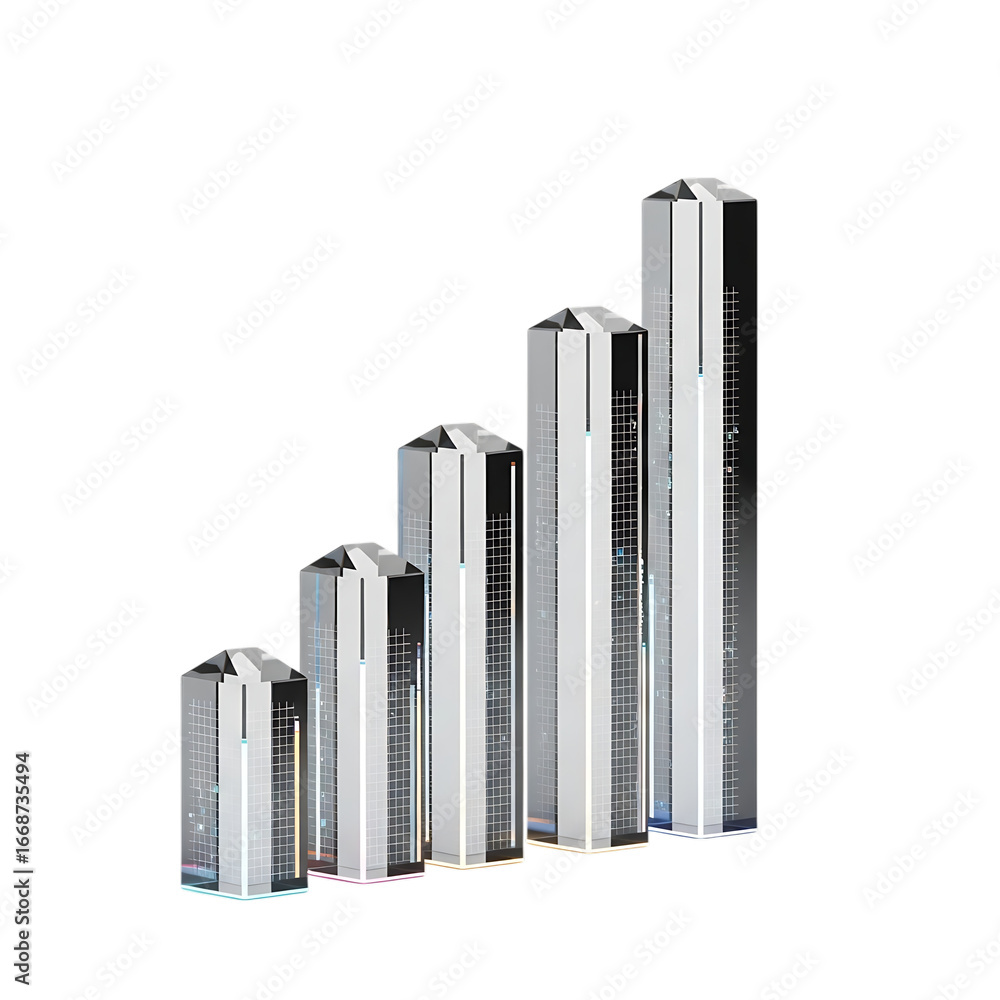 Poster five metallic cylinders of increasing height arranged diagonally showing gradual growth and progress