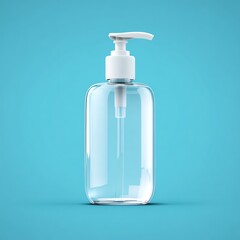 A clear, empty plastic bottle with a white pump dispenser stands against a light blue background.