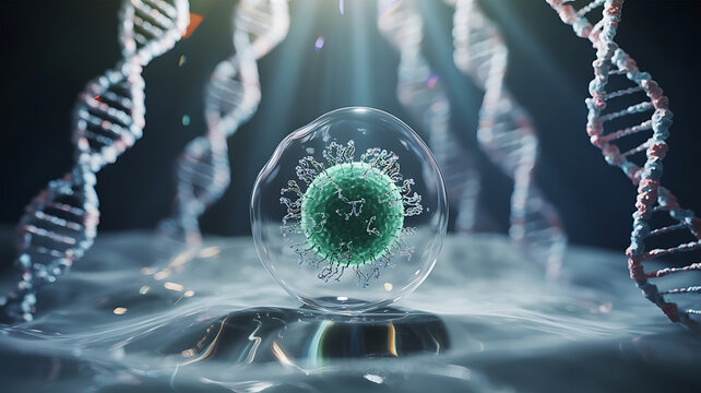 Digital Illustration of Glowing Biological Cell Surrounded by DNA Strands in Molecular Space
