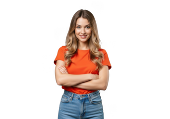 Confident young woman with crossed arms smiling wearing orange top and blue jeans studio portrait transparent background