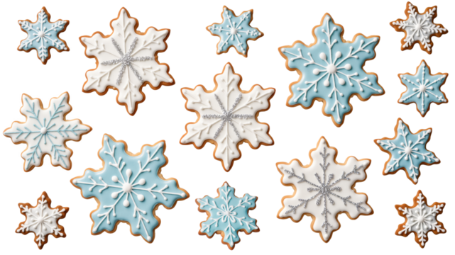 Christmas snowflake cookies decorated with blue and white icing, isolated on transparent background
