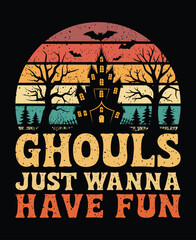 Vintage halloween haunted house ghouls just wanna have fun sunset retro design illustration