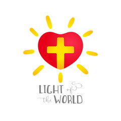 Obraz premium Red heart and yellow cross inside it, creative sun. Religious emblem. Shiny heart. Light of the World - Christian symbol. T shirt graphic