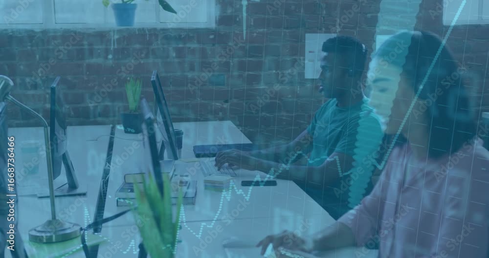 Poster female colleague scrolling and male colleague typing while data line charts pulsing over desk