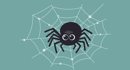 This Flat Design illustration presents a friendly, cartoonish spider with big, gentle eyes, perched delicately on a minimalistic spiderweb adorned with glistening dewdrops. 