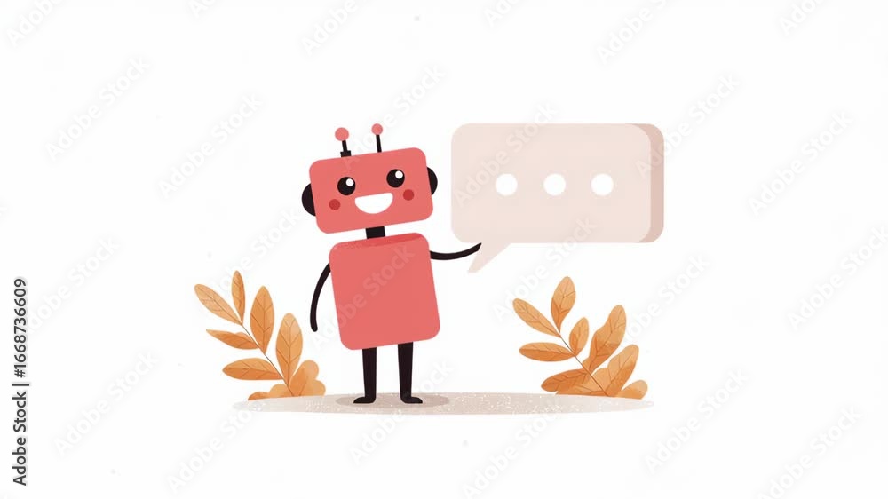 Poster cheerful ai robot character with speech bubble and autumn leaf creates friendly boom communication t
