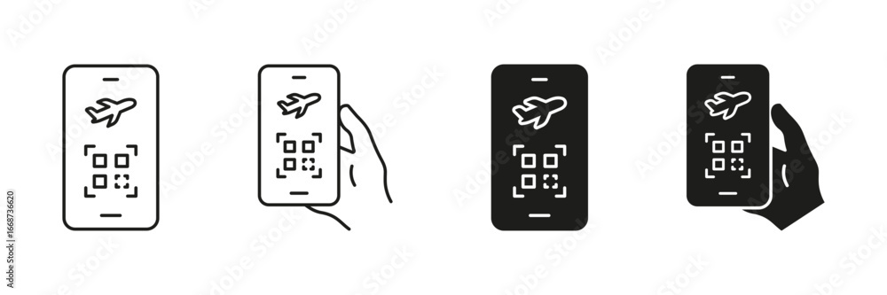 Poster smartphone boarding pass with qr code and airplane icon set. digital ticketing and mobile check-in o