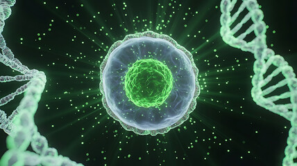 Digital Illustration of Glowing Biological Cell Surrounded by DNA Strands in Molecular Space