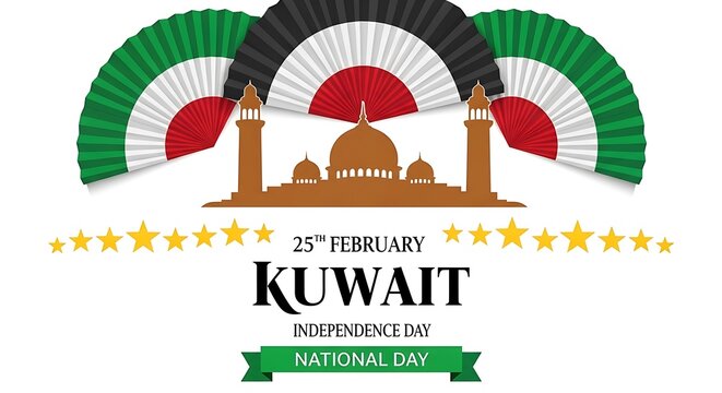 Kuwait National Day is displayed with fans and a mosque silhouette against white
