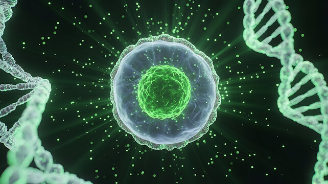 Digital Illustration of Glowing Biological Cell Surrounded by DNA Strands in Molecular Space