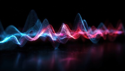 Abstract glowing wave patterns on dark reflective surface