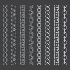 Chrome metal chains isolated on white background. Vector realistic set of straight heavy steel chains with different size links. Frame or border pattern with connected stainless rings. EPS 10.