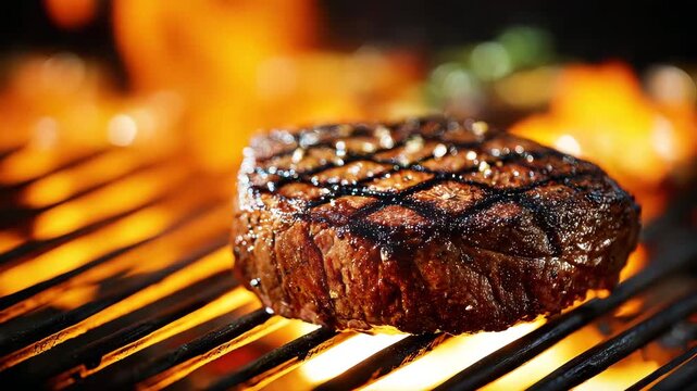 A close-up image of a perfectly grilled steak, its seared surface marked with a professional grid pattern, on top of a hot grill, with flames rising up, promising a delectable culinary experience.