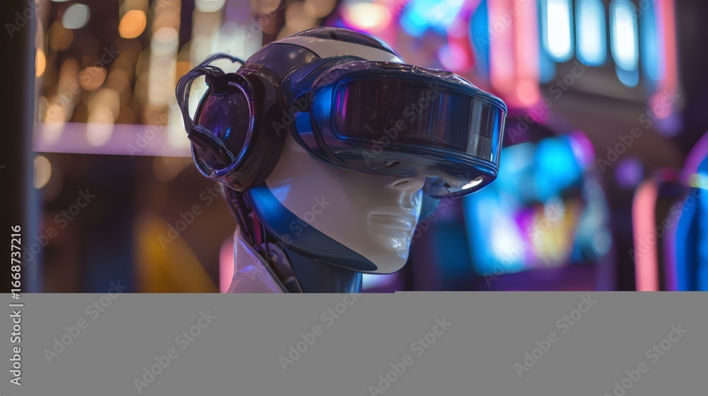 Aufkleber close-up of a futuristic robot with virtual reality headset