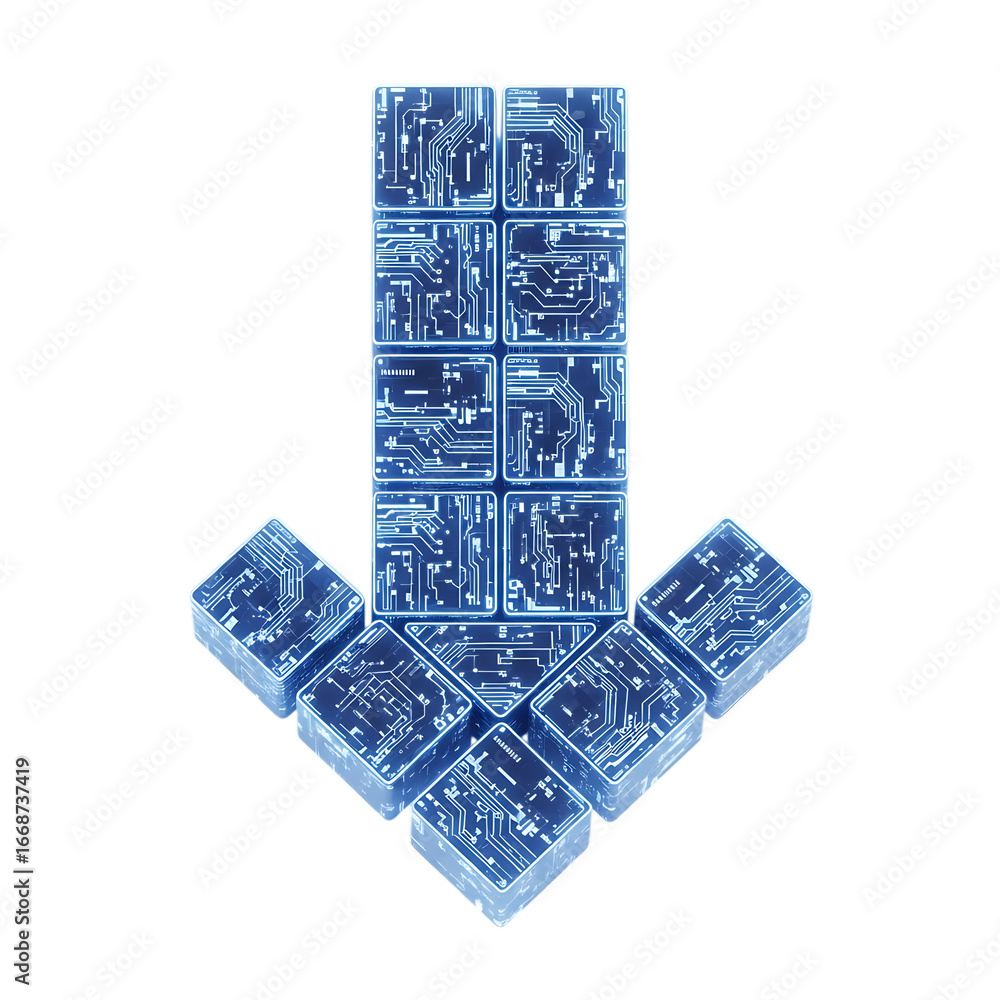 Poster futuristic downward arrow made of glowing blue circuit board cubes symbolizing technology data flow 