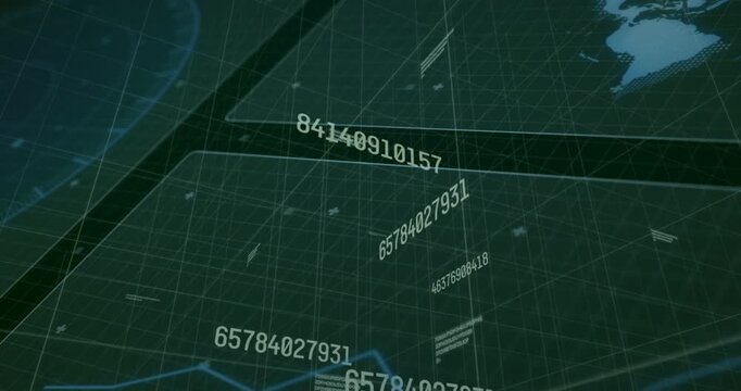 Numeric strings materializing, rotating grid planes updating while waveform tracing data trends