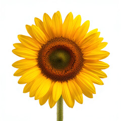 Fototapeta premium Bright sunflower with golden yellow petals and dark brown seed center isolated on white background 