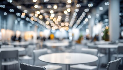 Obraz premium Blurred indoor exhibition hall with tables and chairs