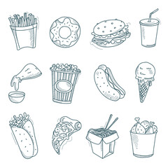 Doodle snacks set vector isolated. Collection of hand-drawn fast food. Hamburger, ice cream, pizza slice. Delicious french fries. Unhealthy food collection.