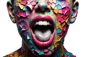 Colorful fragmented face screaming isolated on white background