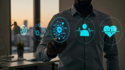A Black adult male professional actively engages with an advanced artificial intelligence interface, touching a glowing digital health icon, surrounded by an innovative network within a modern office - Powered by Adobe